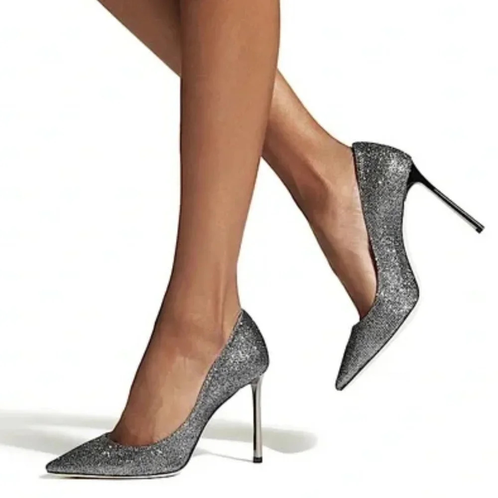 Jimmy Choo Romy 100 Silver Anthracite Stiletto Glitter Heel Pumps, EU 40.5 US 10